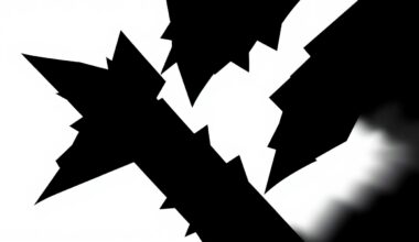 An abstract, minimalist illustration featuring bold, angular black shapes against a stark white background, conceptually representing the idea of a public challenge to an established persona.