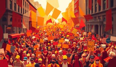 A vibrant, fractured painting depicting a large crowd of protesters marching in the streets, with overlapping geometric shapes and waves of bright red, orange, and yellow colors conveying the energy and momentum of the demonstrations.