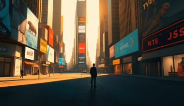 A serene, cinematic painting depicting a lone figure standing in the middle of a mostly empty Times Square, with the iconic buildings and billboards of the area visible in the background, all bathed in warm, dramatic lighting and deep shadows that create a contemplative, nostalgic mood.