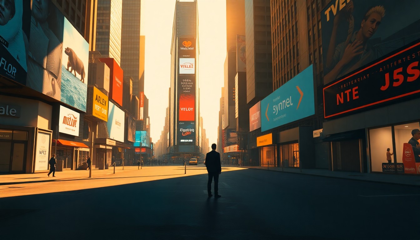 A serene, cinematic painting depicting a lone figure standing in the middle of a mostly empty Times Square, with the iconic buildings and billboards of the area visible in the background, all bathed in warm, dramatic lighting and deep shadows that create a contemplative, nostalgic mood.