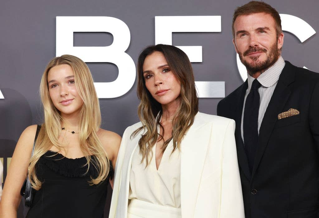 Harper Beckham, Victoria Beckham, David Beckham at Netflix's "Victoria Beckham" world premiere held at Curzon Mayfair on October 08, 2025 in London, England. (Photo by Lia Toby/Variety via Getty Images)
