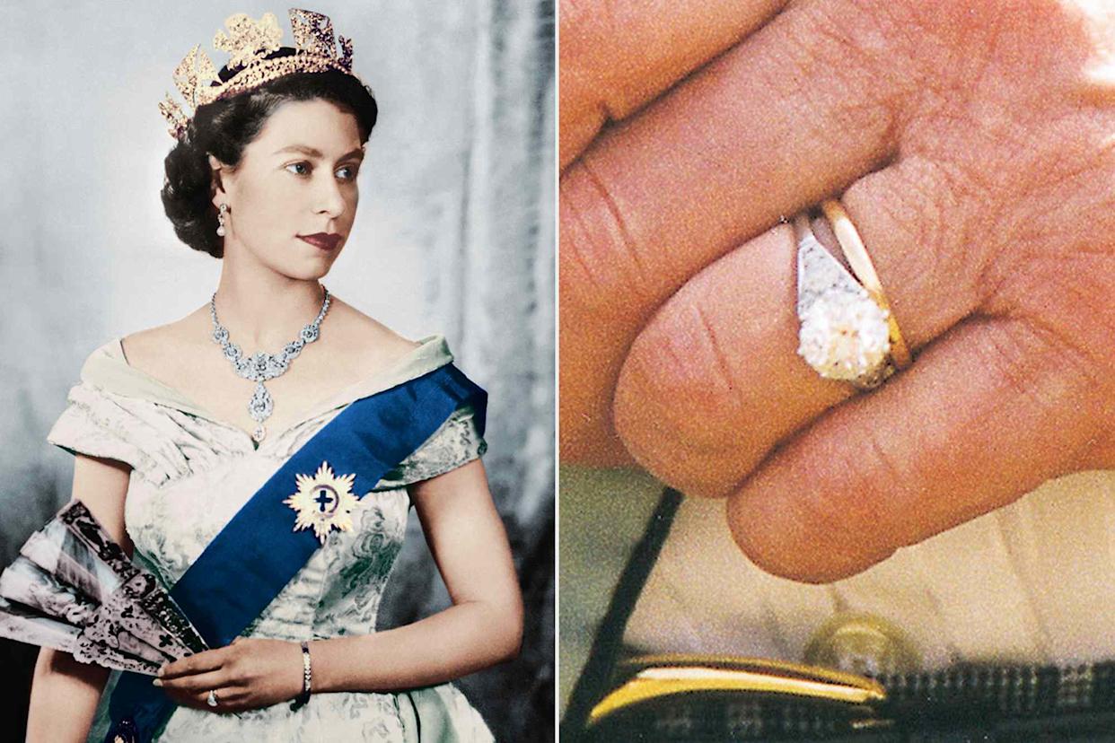 Queen Elizabeth II of England ; The Queen's Engagement Ring.Credit: Bettmann/Getty ; Tim Graham Photo Library via Getty