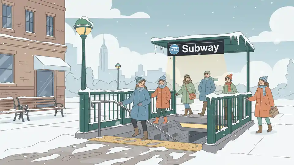 Snow-covered New York City subway entrance with accumulation on stairs and platform, commuters carefully navigating icy conditions