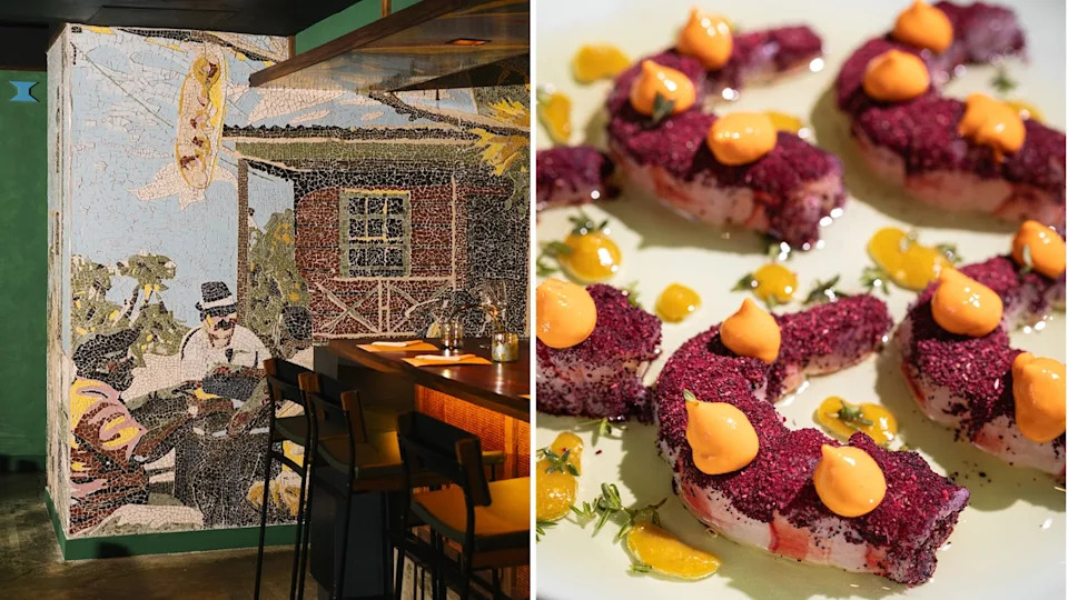 From left: the restaurant’s mosaic-tile wall depicting daily life across the Caribbean; Carmichael’s elevated take on pepper shrimp.