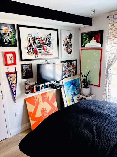 Colorful art pieces on walls, a TV on a shelf, a black bedspread, and a potted plant in a bright bedroom.