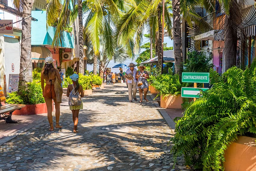 Tourists stroll beneath palm trees on the streets of Sayulita, Mexico