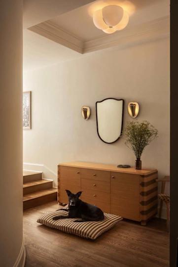 A black dog resting on a striped cushion in a stylish entryway with wooden furniture, a mirror, and decorative lighting.