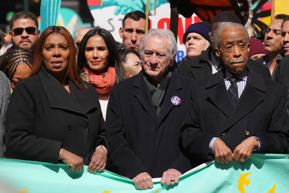 From left, New York Attorney General Letitia James, actor Robert Di Niro and Rev. Al Sharpton take part in a “No Kings” protest Saturday, March 28, 2026, in New York. (AP Photo/Adam Gray)