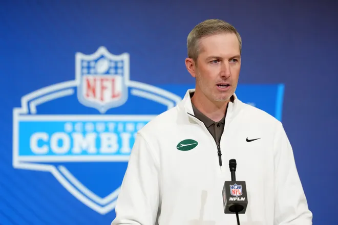 Feb 24, 2026; Indianapolis, IN, USA; New York Jets general manager Darren Mougey speaks at the NFL Scouting Combine at the Indiana Convention Center. Mandatory Credit: Kirby Lee-Imagn Images