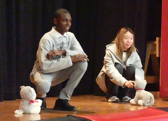 Eighth-graders Keith Jean and Honey Moon Ke in What Pet Should I Get? during a staged reading of Dr. Seuss books at St Anthony's School in Nanuet March 5, 2026.