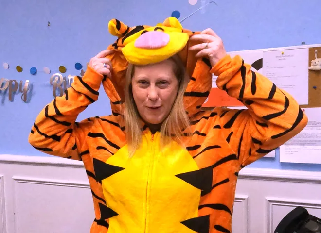 Joan Fox, principal of St. Anthony - St. Paul School dressed as Tigger from Winnie the Pooh as part of the celebration for reading week at the school March 5, 2026.