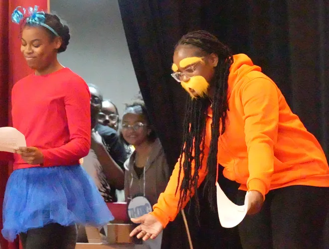Seventh-graders Holi Chery and Nalah Richard in The Lorax during a staged reading of Dr. Seuss books at St Anthony's School in Nanuet March 5, 2026.