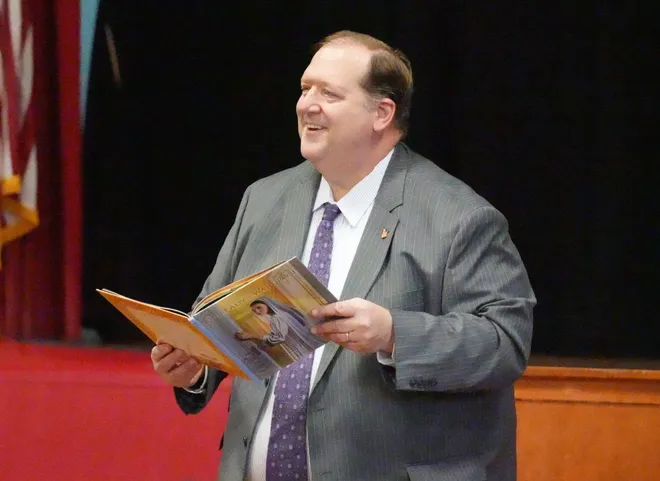 Clkarkstown Supervisor George Hoehmann reads Our Lady's Warriors to students at St. Anthony as part of a Reading Week celebration at the school March 5, 2026.