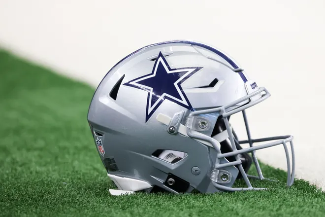 Nov 23, 2025; Arlington, Texas, USA; A general view of a Dallas Cowboys helmet before the game against the Philadelphia Eagles at AT&T Stadium. Mandatory Credit: Kevin Jairaj-Imagn Images
