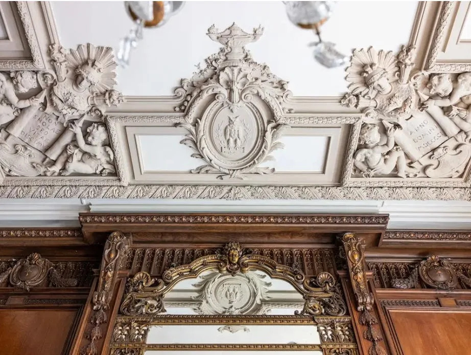 This photo shows the ceiling of the Cassini mansion's library, where owls stand watch and pairs of winged cherubs gazing upon Latin-inscribed scrolls.