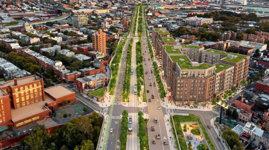 A rendering showing what the right of way occupied by the BQE could become.