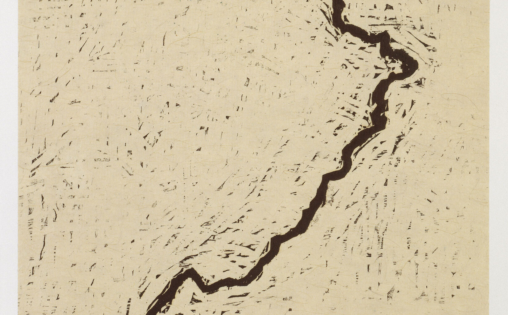 Zarina, Dividing Line, 2001. Woodcut printed in black on Nepalese handmade paper mounted on Arches cover white paper, 25 ¾ × 19 ¾ inches. Photo: Lamay Photo.