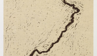 Zarina, Dividing Line, 2001. Woodcut printed in black on Nepalese handmade paper mounted on Arches cover white paper, 25 ¾ × 19 ¾ inches. Photo: Lamay Photo.