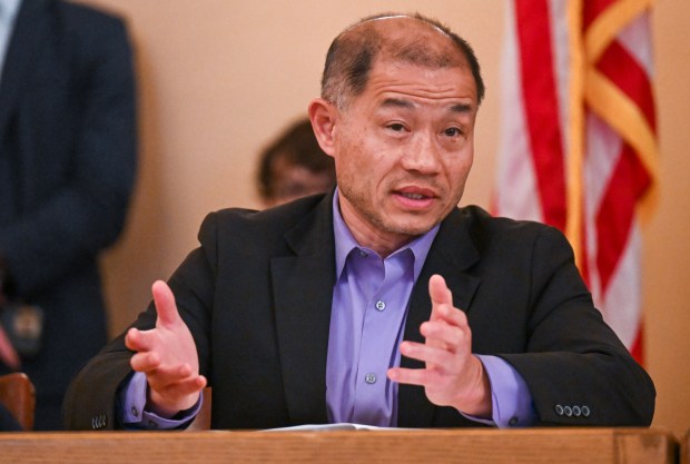 Sen. John Liu , D-Queens, is pictured during a Senate Judiciary Committee hearing Monday, April17, 2023, in Albany, N.Y. (AP Photo/Hans Pennink)