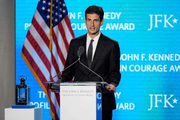 Jack Schlossberg speaks at the John F. Kennedy Profile in Courage Award ceremony at the JFK Library, Sunday, May 4, 2025, in Boston. (AP Photo/Robert F. Bukaty)