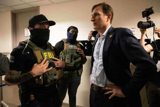 Rep. Dan Goldman speaks to federal agents at the Jacob K. Javits federal building on June 18.