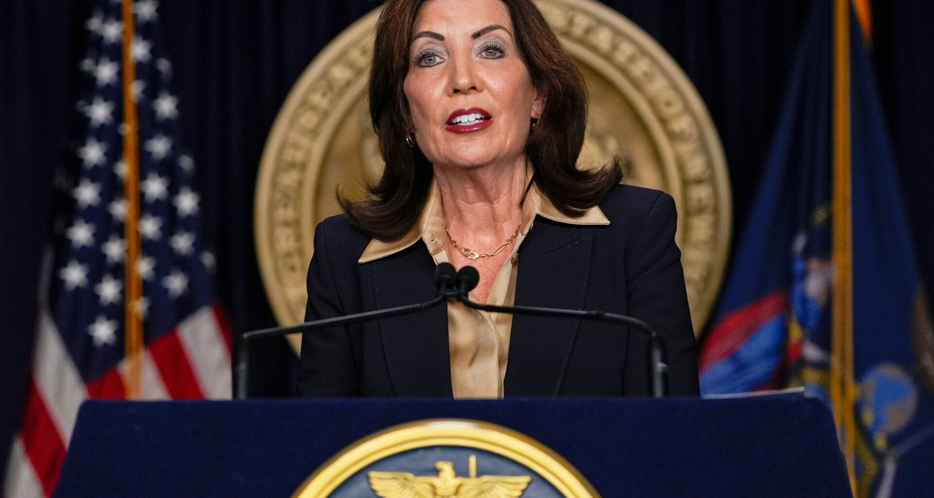 New York Gov. Kathy Hochul speaks at a news conference, Feb. 20, 2025, in New York. Photo: Julia Demaree Nikhinson/AP