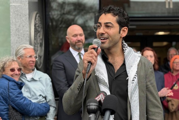 Mohsen Mahdawi speaks outside the courthouse after a judge released the Palestinian student activist, on April 30, 2025 in Burlington, Vt. 