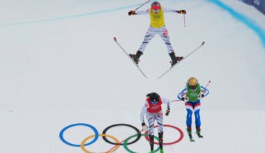 Clock wise from top, Switzerland's Sixtine Cousin (13), France's Jade Grillet Aubert (6) and Switzerland's Talina Gantenbein (5) compete during the women's ski cross finals at the 2026 Winter Olympics, in Livigno, Italy, Friday, Feb. 20, 2026. Photo: Julia Demaree Nikhinson/AP