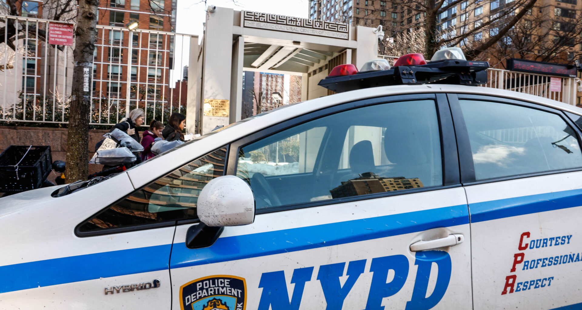 NYPD cars are seen outside the Slamic Cultural Center of New York, Saturday, Feb. 28, 2026. Photo: Kena Betancur/AP