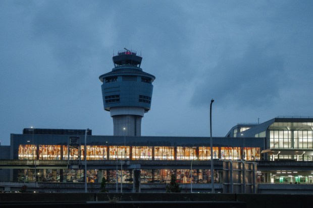 FILE - A control tower is seen at LaGuardia International Airport on Saturday, Nov. 8, 2025, in New York. (AP Photo/Olga Fedorova, File)