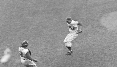 Brooklyn Dodgers relief pitcher Don Bessent runs toward the arms of catcher Roy Campanella immediately after finish of the final game of the season with Pittsburgh at Ebbets Field in Brooklyn, New York, Sept. 30, 1956. Brooklyn's victory gave the Dodgers their fourth National League pennant in five years. Don came into the game in relief of starter Don Newcombe, who was credited with his 27th victory of the season as the Dodgers beat the Pirates, 8-6. Photo: Harry Harris/AP