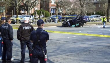 This image provided by the Office of the New York Mayor shows the scene, Saturday, March 29, 2025, in the Brooklyn borough of New York, where a woman driving on a suspended license was speeding and failed to yield after stopping at a red light, collided with another vehicle and then into a family walking in the crosswalk. Photo: Mayoral Photography Office/Justin Persaud via AP