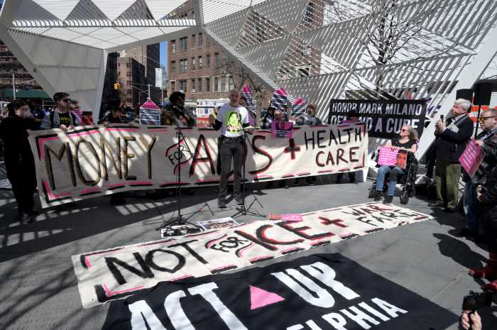 Eric Sawyer delivers remarks at the NYC AIDS Memorial on ACT UP's 39th anniversary.