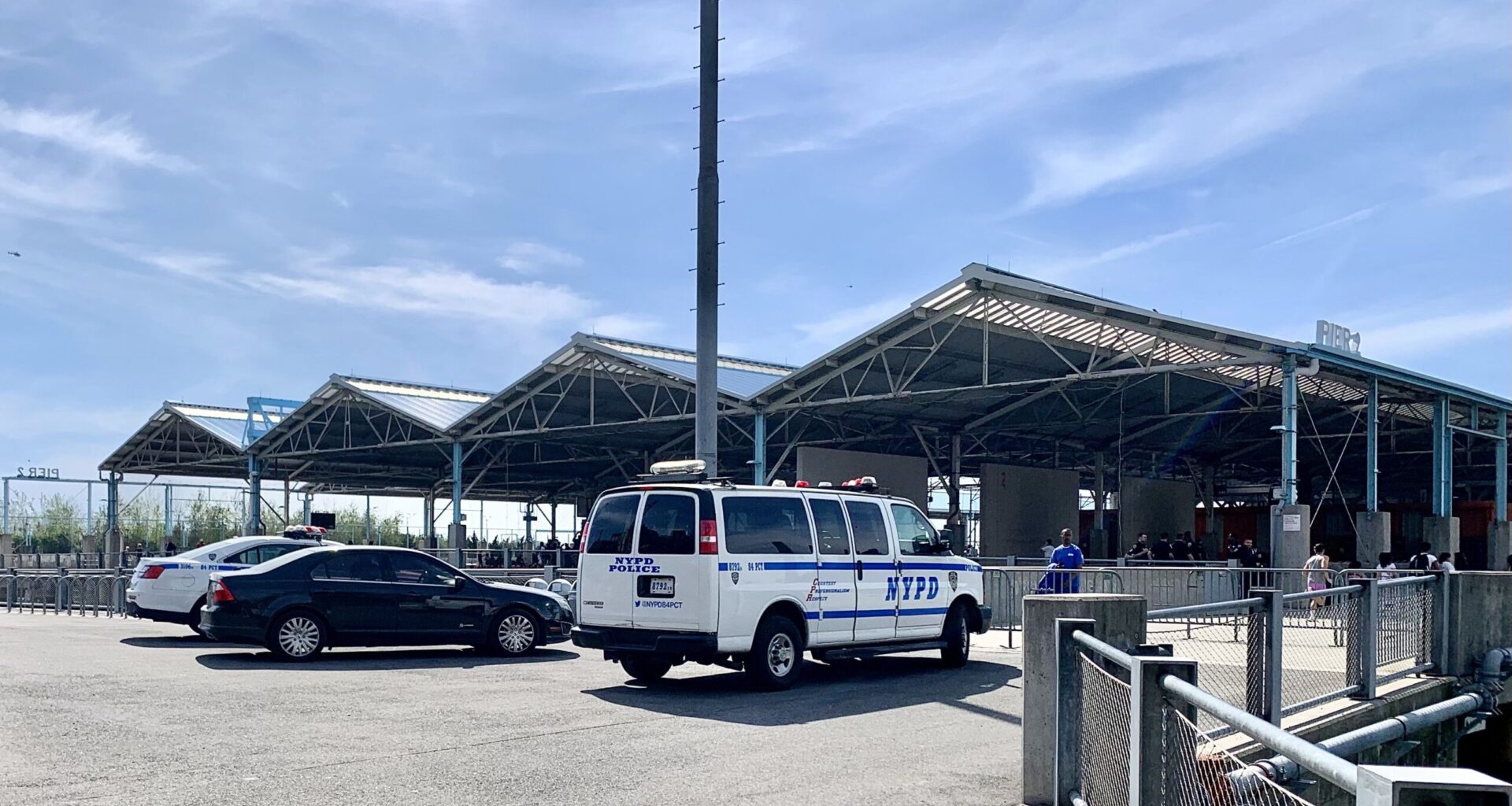 Police monitored Pier 2 in Brooklyn Bridge Park, after crowds caused chaos on April 13, 2023. Photo: Mary Frost/Brooklyn Eagle