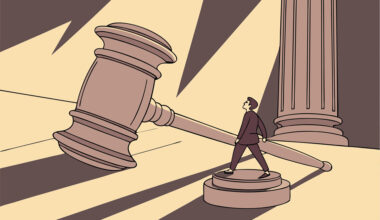 The NYC gas bans are depicted by a suited man standing below a large gavel.