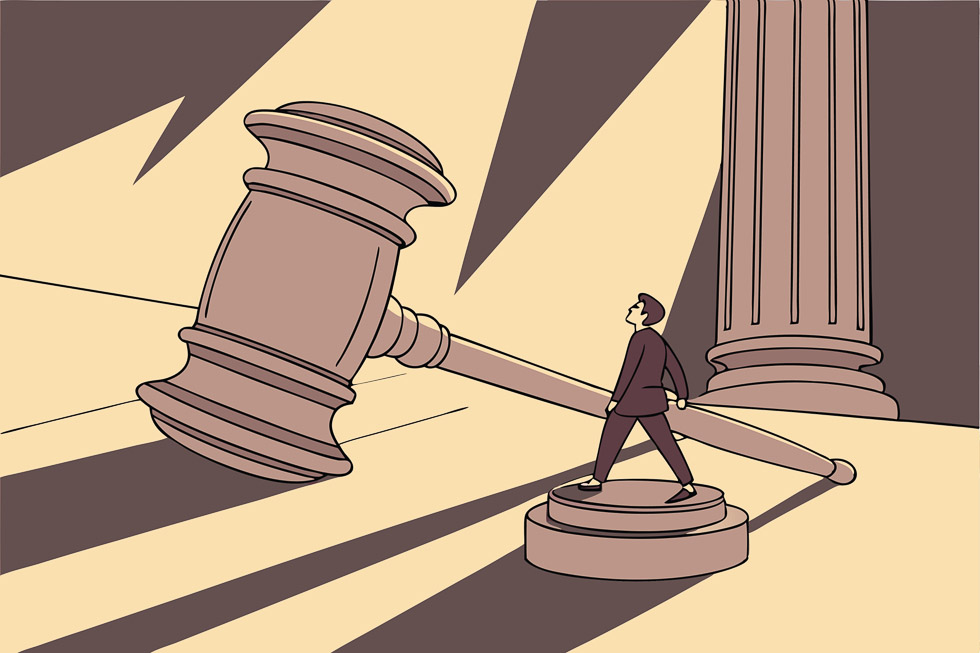 The NYC gas bans are depicted by a suited man standing below a large gavel.