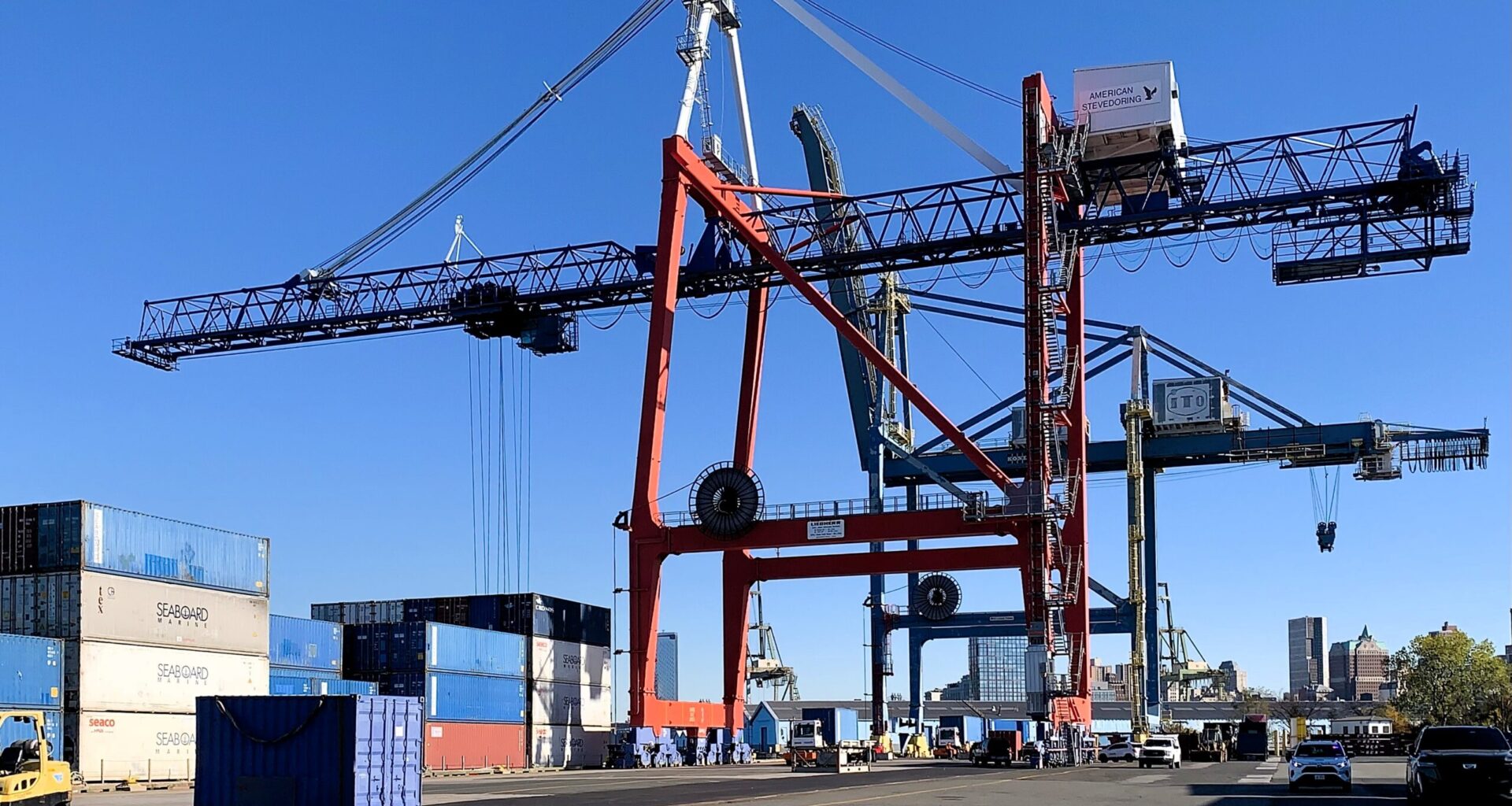 Cargo-handling cranes at the Container Terminal within the Brooklyn Marine Terminal site. Photo: Mary Frost/Brooklyn Eagle
