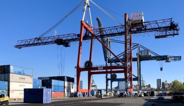 Cargo-handling cranes at the Container Terminal within the Brooklyn Marine Terminal site. Photo: Mary Frost/Brooklyn Eagle