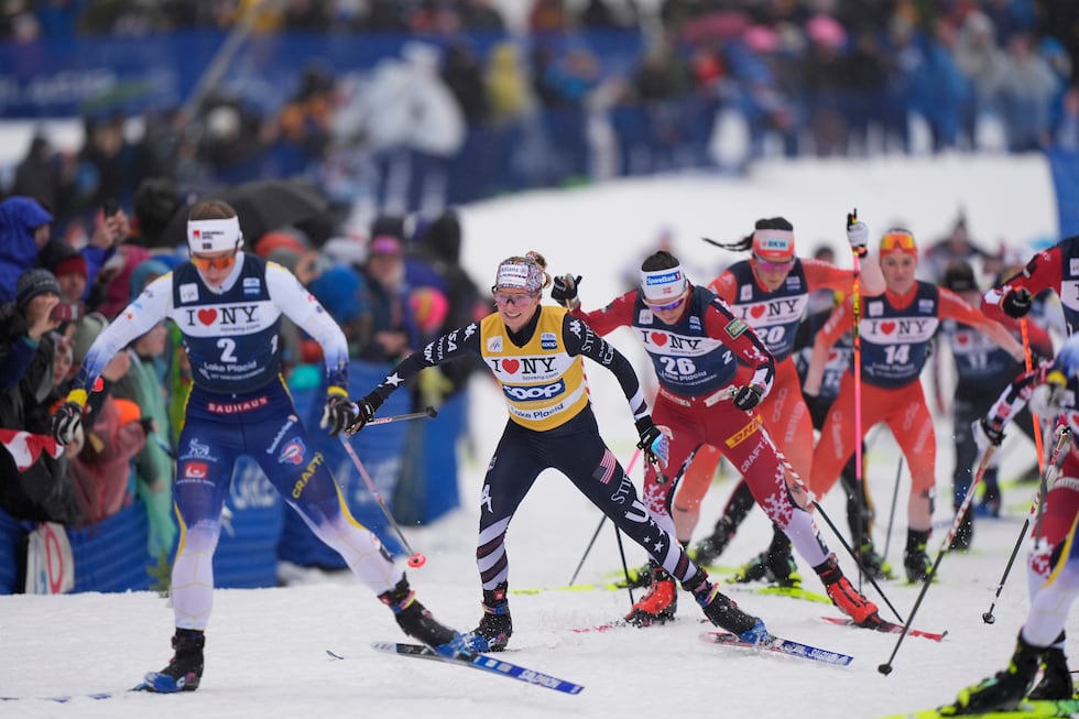 Jessie Diggins, second from left, second from left, competes in the women's World Cup 20km...