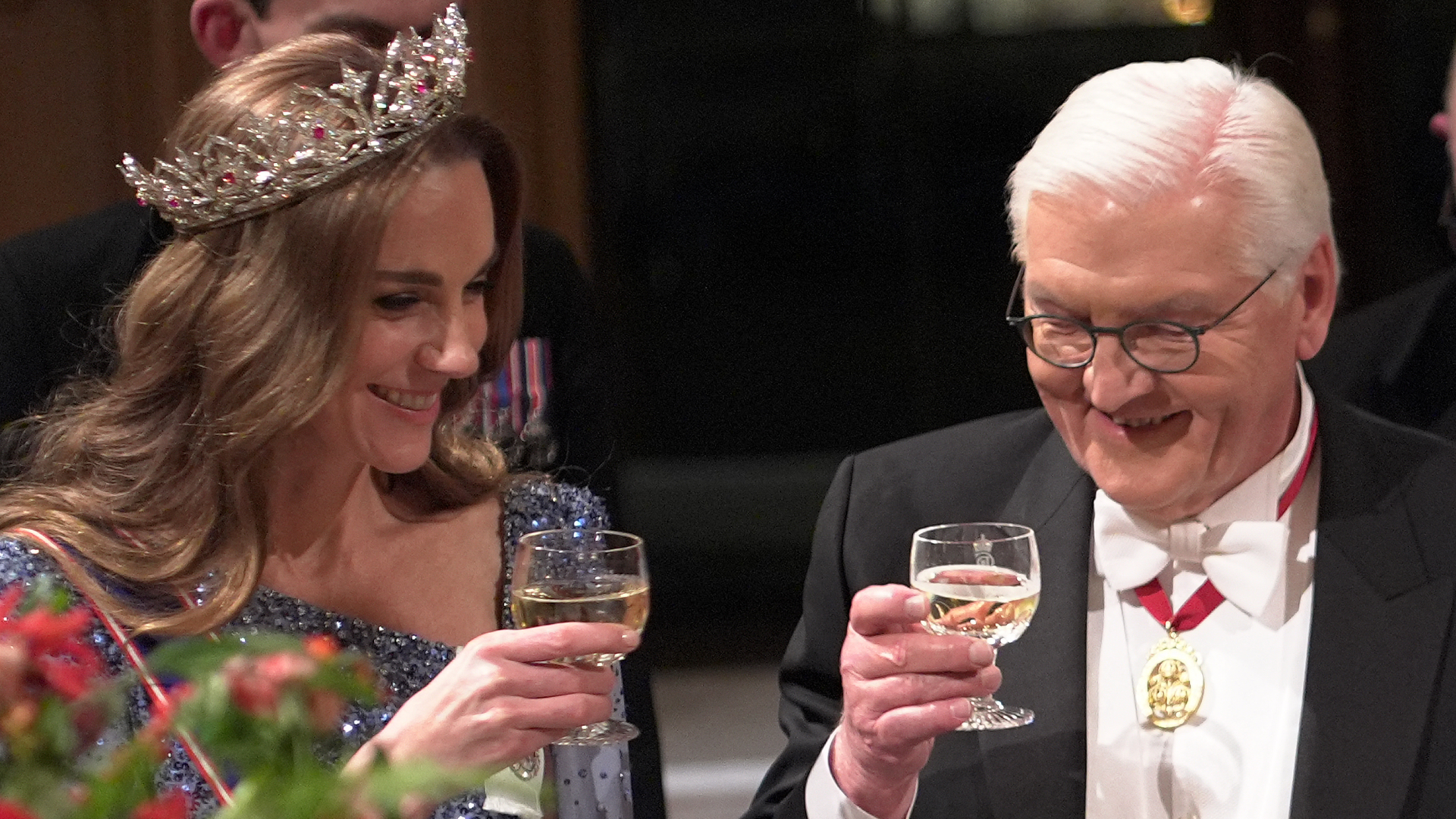 Princess Kate wearing a tiara and blue evening gown