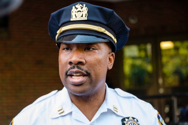 NYPD Captain Aaron Edwards speaks to reporters outside the NYPD's 7th Precinct stationhouse in Manhattan, New York, on Saturday, May 18, 2019. (Jeff Bachner for New York Daily News)