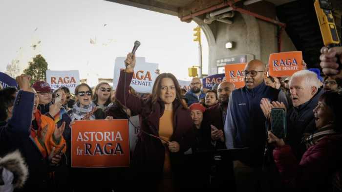 Assembly Member Catalina Cruz endorses Assembly Member Steven Raga (pictured) in Sunnyside on last month. Photo via Raga campaign.