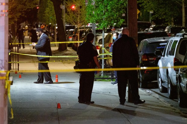 Police investigate the shooting of rapper Nickalus Thompson (aka Nick Blixky) on Rogers Avenue and Winthrop Street in Brooklyn, New York on Sunday, May 10, 2020.