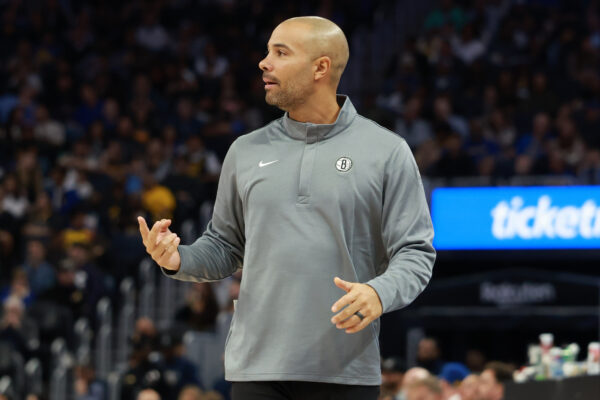 Brooklyn Nets head coach Jordi Fernandez gestures to his team during the second half of an NBA basketball game against the Golden State Warriors in San Francisco, Wednesday, March 25, 2026. (AP Photo/Jed Jacobsohn)