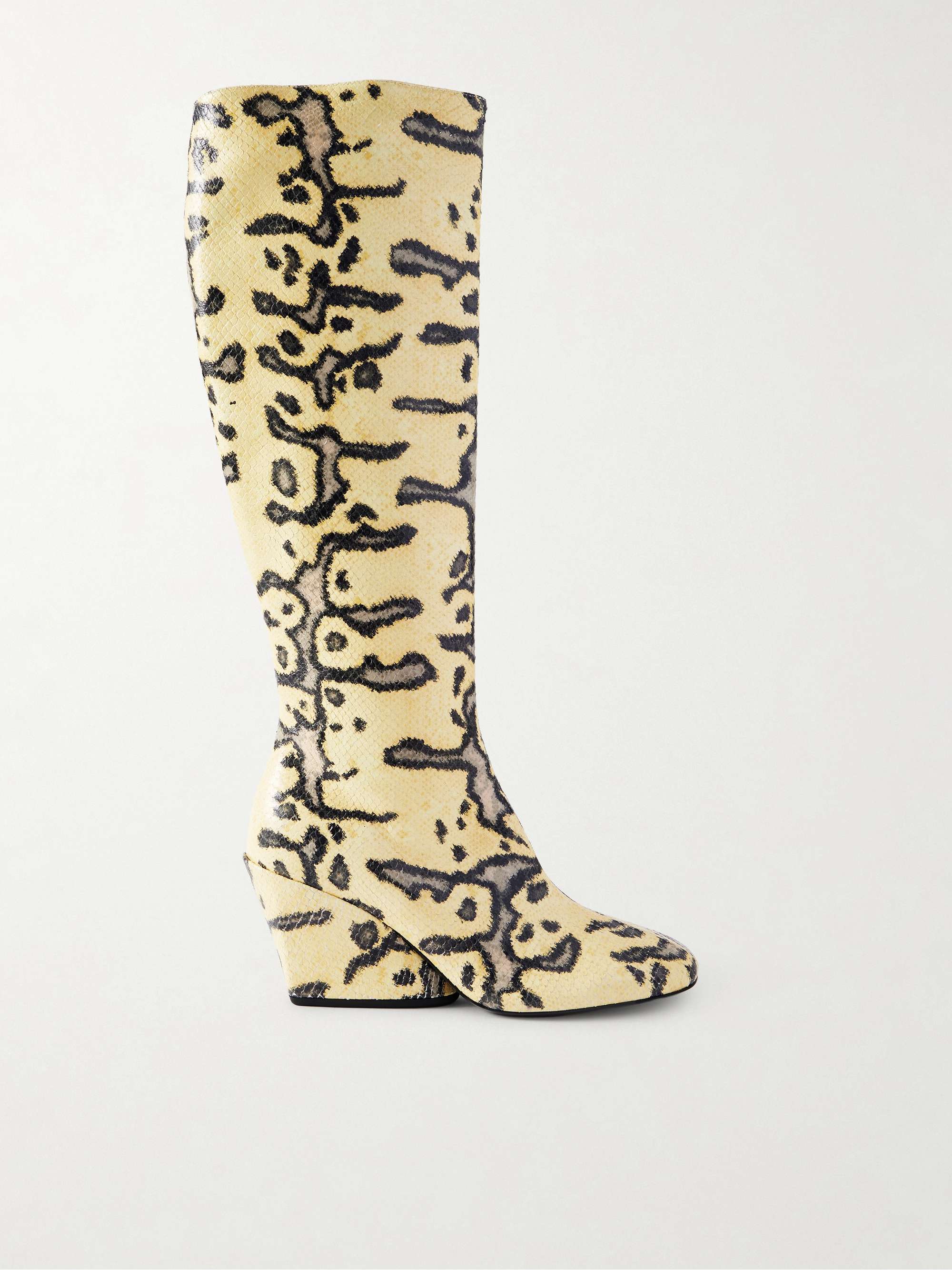 Slant Snake-Effect Leather Knee Boots