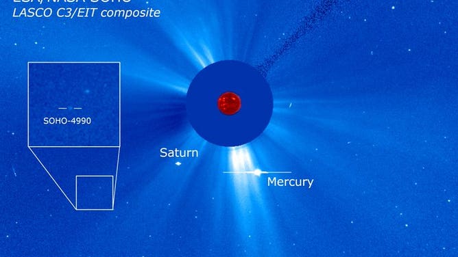 An image of the Sun from NASA's SOHO spacecraft showing a sungrazing comet highlighted in an inset box.