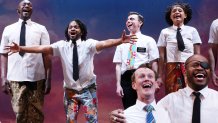 John Eric Parker, PJ Adzima, Derrick Williams during the curtain call for "The Book of Mormon" on Broadway 5000th performance celebration at The Eugene O'Neill Theatre on Nov. 4, 2024. 