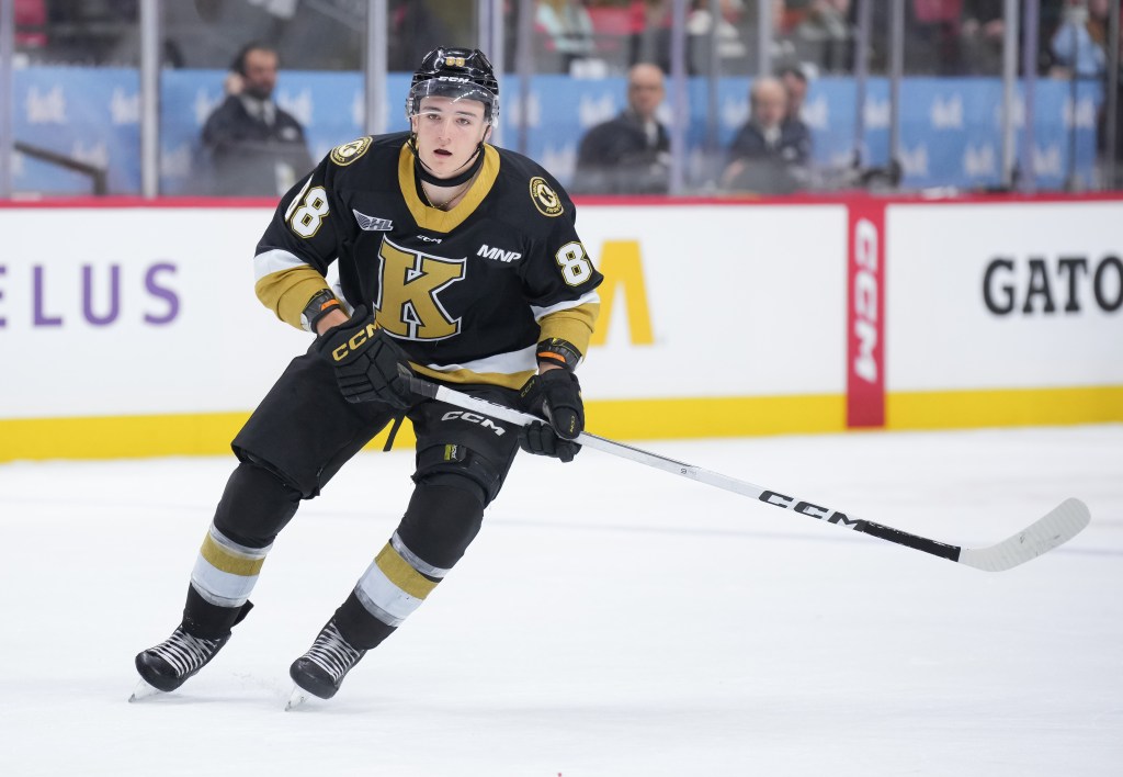 Jacob Battaglia #88 of the Kingston Frontenacs skates against the Ottawa 67's