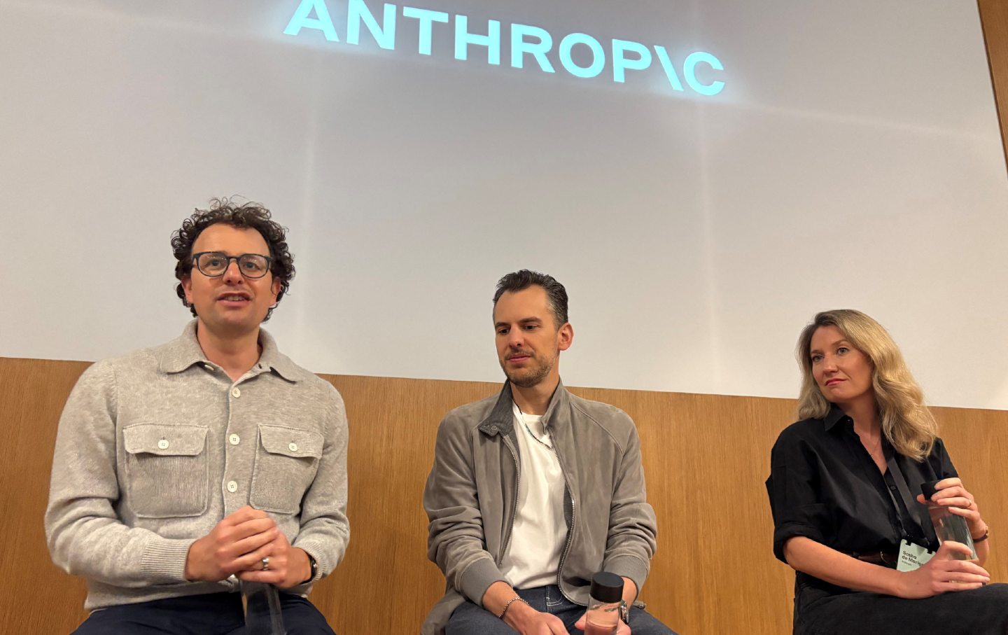 Anthropic CEO Dario Amodei, chief product officer Mike Krieger and head of communications Sasha de Marigny give a press conference on May 22, 2025.