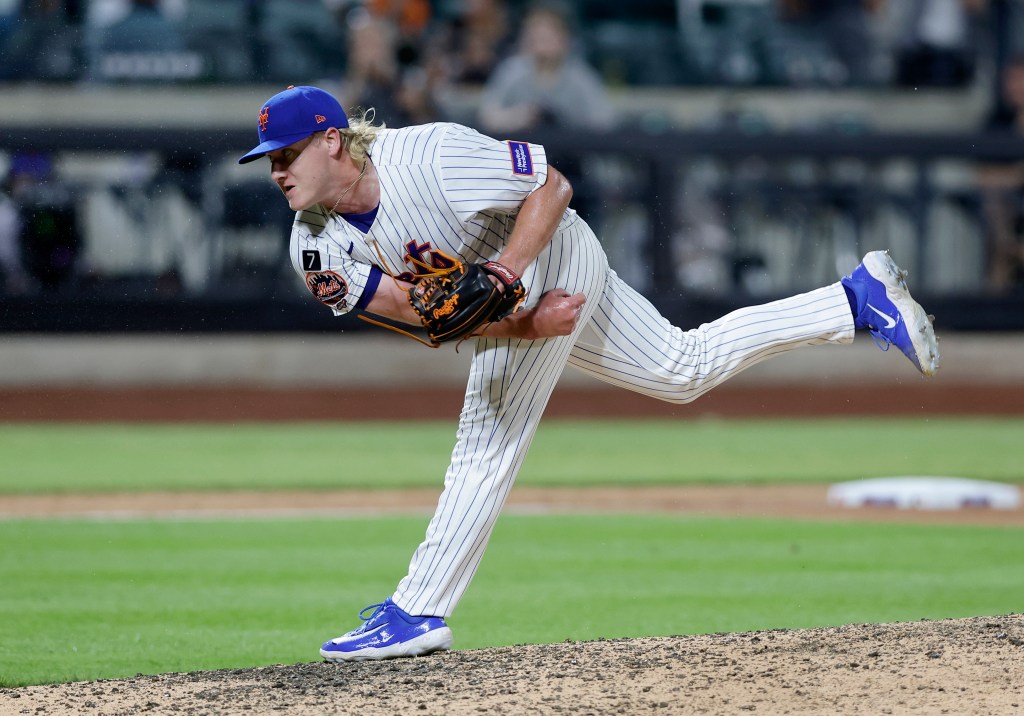 Jonathan Pintaro makes his major league debut pitching in the ninth inning against the Atlanta Braves at Citi Field on June 25, 2025 in New York City. 